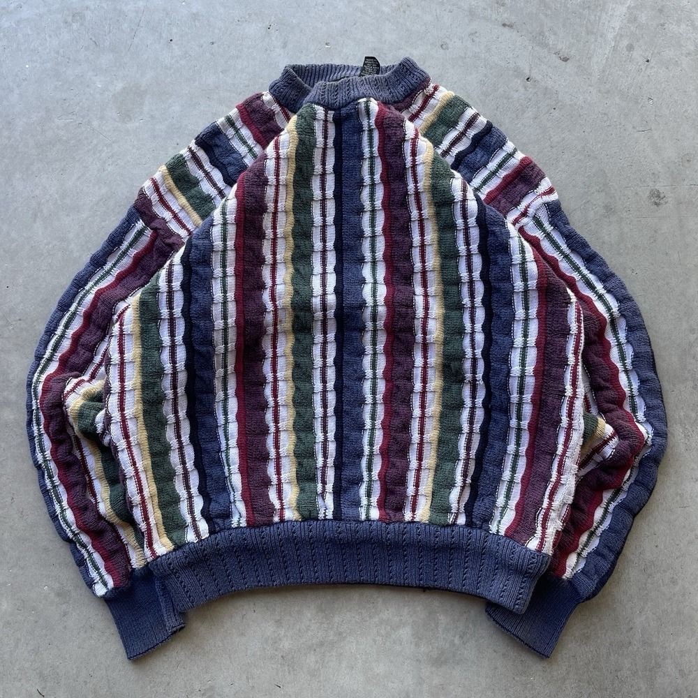 Vintage Structure Cotton Coogi Style Fisherman Knit Sweater Coastal L 3D knit